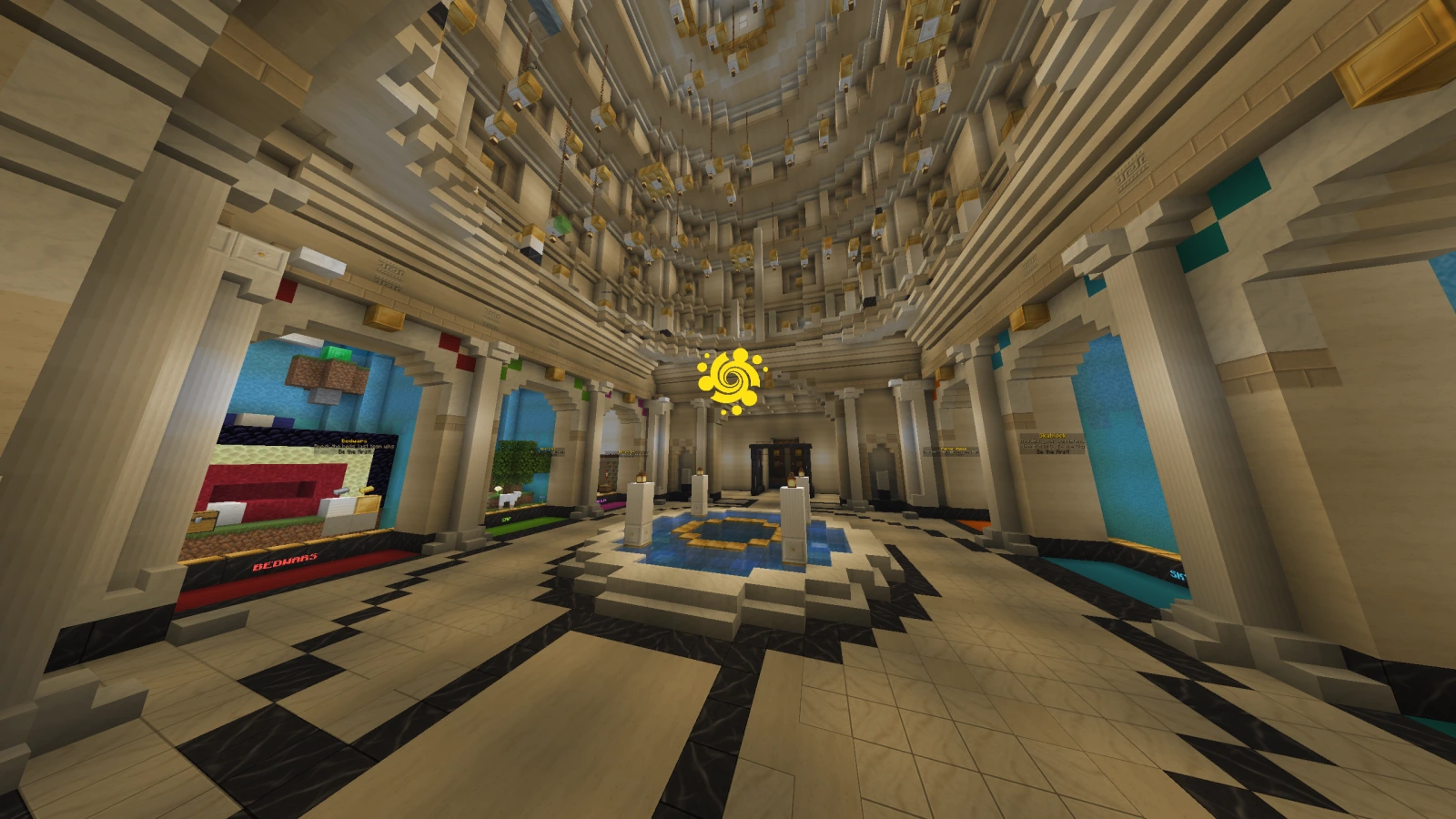 Lobby von VisMC mit Brunnen und den Portalen zu den Servern